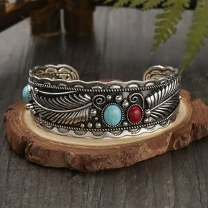 Stylish Navajo Inspired Turquoise Natural Stone Cuff Bangle Silver Unisex Design